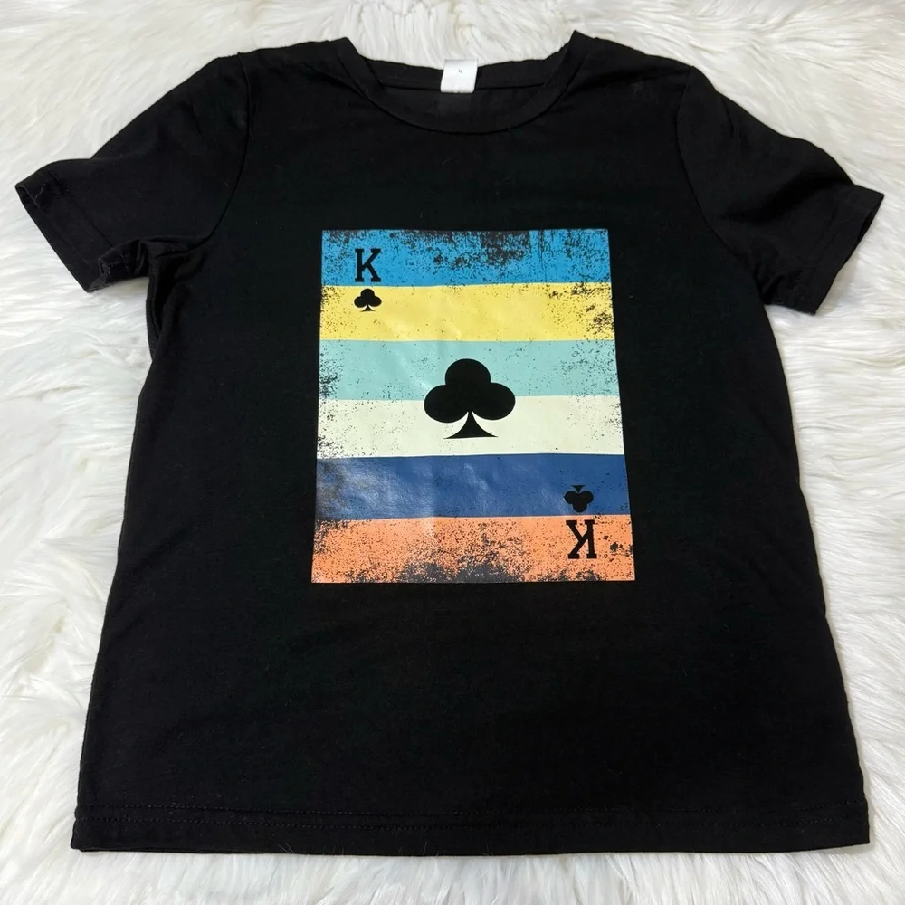 SHEIN Youth Boy Size 7Y Black Short Sleeve Tee with Colorful Card Design